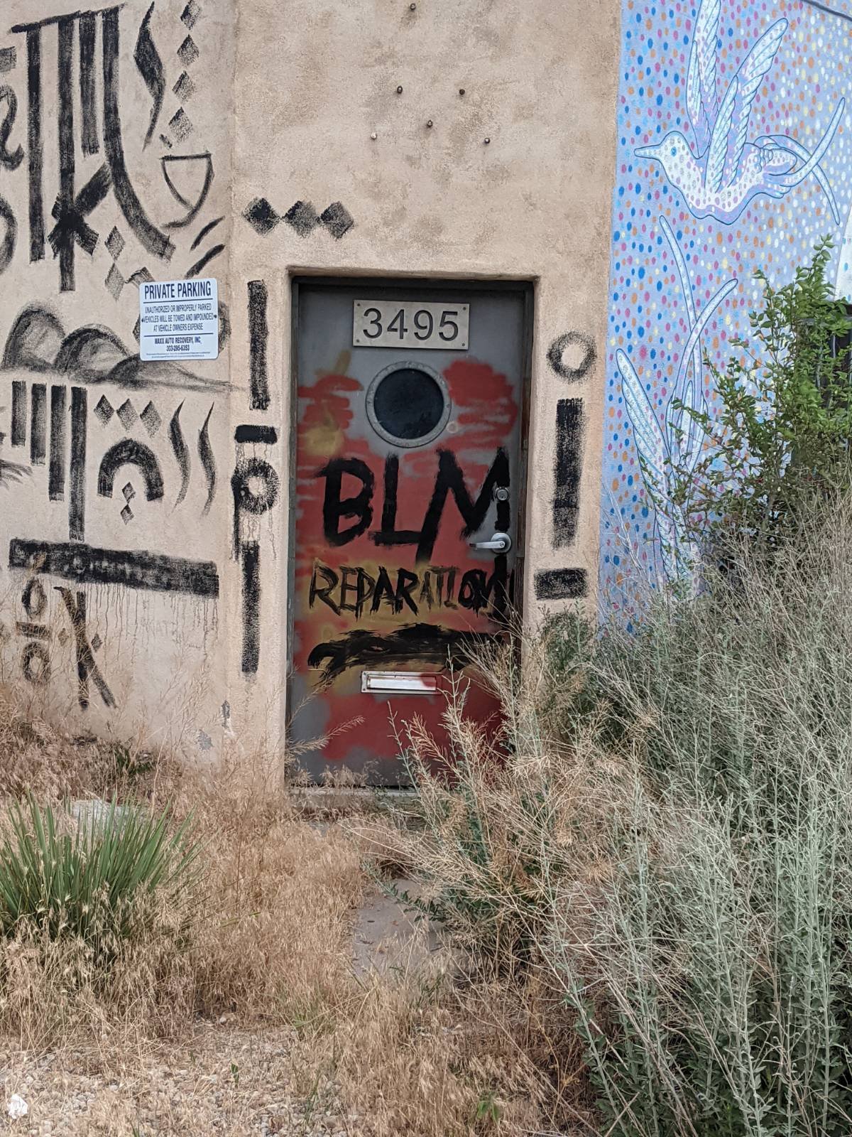 A house with shrubs around it. There is graffiti on the door that reads "BLM" and underneath the graffiti reads "Reparations"